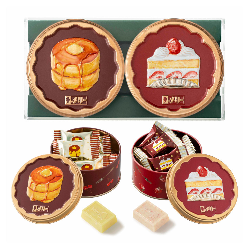 メリーチョコレート はじけるキャンディチョコレート。 ホットケーキ缶＆ショートケーキ缶